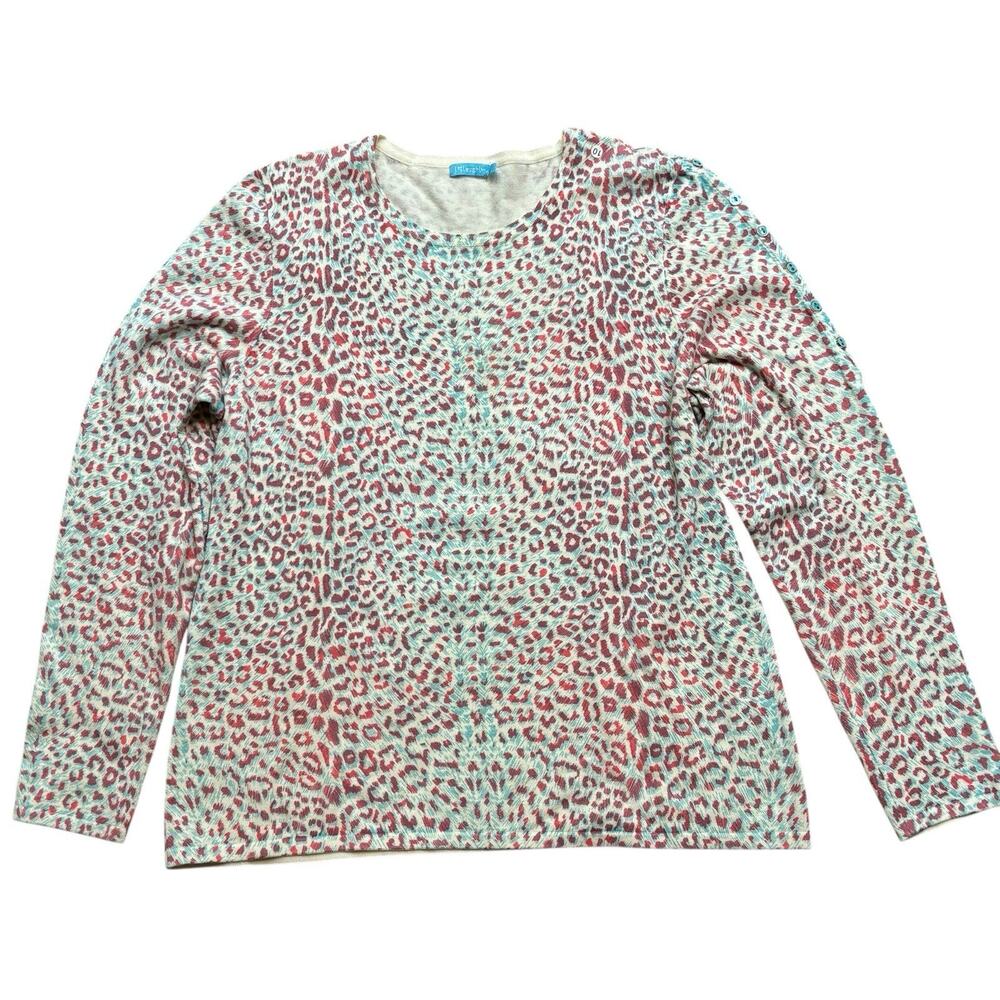 J. McLaughlin Cheetah Pink & Blue Crew Neck Sweater Sleeve Buttons Slim Large